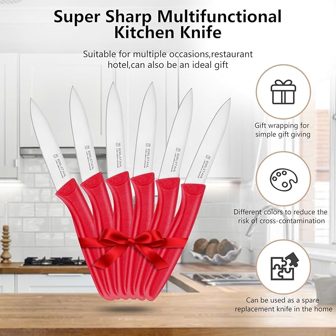 Paring Knives with Straight Edge,Spear Point,Stainless Steel Paring Knife Set of 6,Sharp Small Kitchen Knife for Cutting Vegetable&Fruit,Ergonomic Paring Knife,Red Peeling Knifes