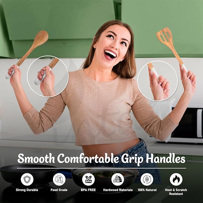 INTAJ Wood Kitchen Utensil Set – Handmade Wooden Spoons & Spatula for Cooking and Serving 5-Piece Acacia – Durable, Smooth Surface & Gentle on Cookware – Easy to Clean Kitchen Tools