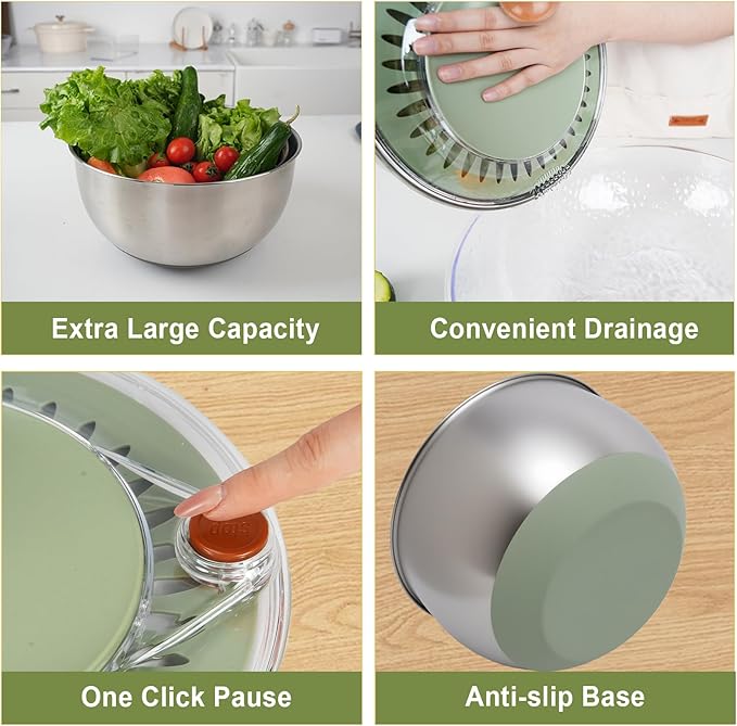 Stainless Steel Salad Spinner Large, Salad Washer Spinner and Dryer, Lettuce Cleaner Spinner, Vegetable Dryer, Fruit Washer with Dipping Saucers and Clip Dishwasher Safe, 5.3Qt
