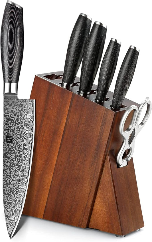 XINZUO Kitchen Knife Block Set,7-Piece Damascus Cooking Knife Set with Kitchen Shears for Professional Chefs and Home Cooking,Pakkawood Handle, Gift Box