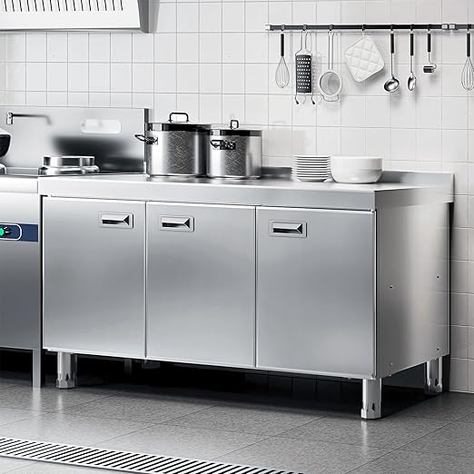 WWK 59" Stainless Steel Table with Cabinet, Commercial Kitchen Table for Prep & Work, Heavy Duty Kitchen Cabinet with 3 Doors for Restaurant, Hotel, Garage, Cafe and Outdoor