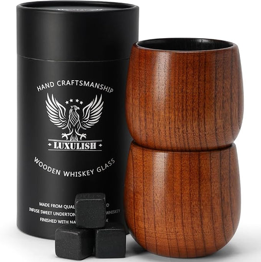 10Oz Large Charred Wooden Bourbon Glass, Include 3 Ice Whiskey Rocks, The Original Wood Whiskey Cup, Old Fashioned Drinking Glasses Tumblers, Gift for Men, Dad, Husband, Brother, Friends