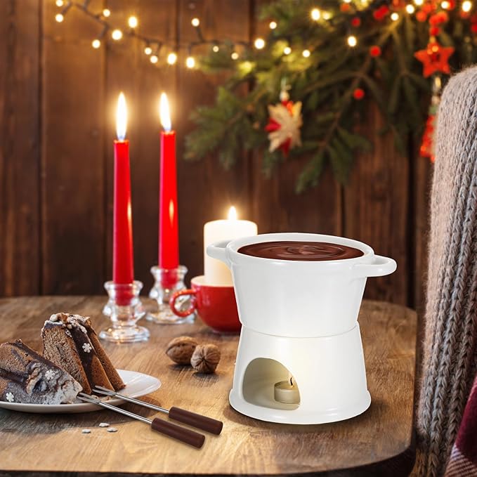 300ML Ceramic Butter Warmer Set with 2 Forks, White Fondue Pot Melting Pot Set, Melt Hot Pot Bowl Set for Cheese Chocolate Butter Caramel