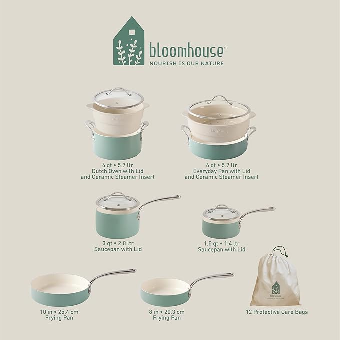 Bloomhouse 12 Piece Aluminum Pots and Pans Cookware Set w/Non-toxic Ceramic Non-stick, Ceramic Steamer Insert, & 12 Protective Care Bags - Sage Green