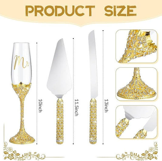 4-Piece Wedding Cake Knife and Champagne Flutes Set, Crystal Rhinestone Glasses and Cake Cutting Server for Bride and Groom Wedding Reception or Anniversary (Gold, Elegant Design) (Gold)