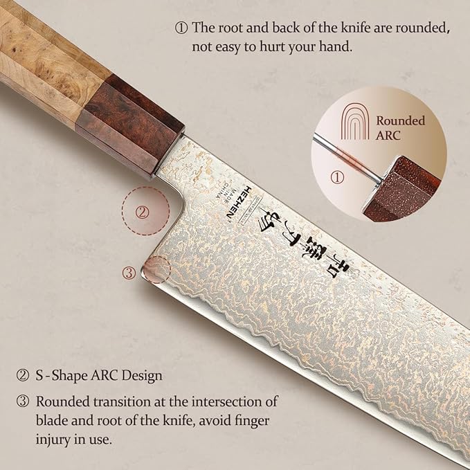 HEZHEN Kiritsuke Chef Knife,8.3 Inch, 37 Layers Tricolor Copper Damascus Steel-Japanese Damascus Knif- Professional Knife for Chefs&Home Cooking-Razor Sharp,Sycamore Wood Handle