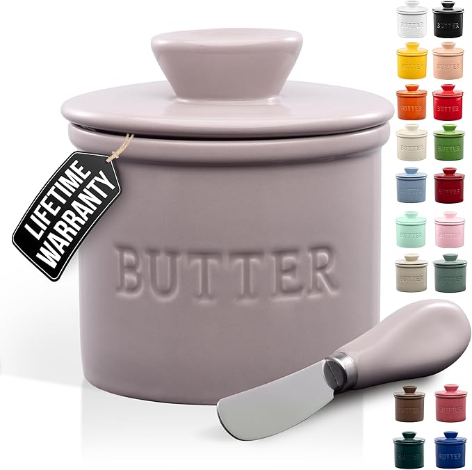 Zulay Kitchen Porcelain Butter Crock With Lid & Knife - Authentic French Butter Dish For Fresh & Spreadable Butter - Violet Dusk