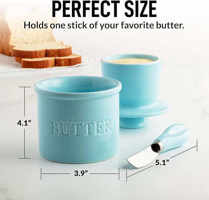 Zulay Kitchen Porcelain Butter Crock With Lid & Knife - Authentic French Butter Dish For Fresh & Spreadable Butter - Light Blue