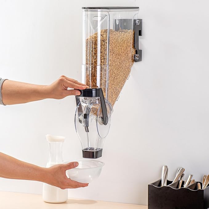Restaurantware-Met Lux 2.1 Gallon Dry Food Dispenser, 1 Airtight Cereal Dispenser - Wall-Mounted, Single Control, 1 Black Plastic Grain Holder, For Snacks, Nuts, Or Coffee Beans