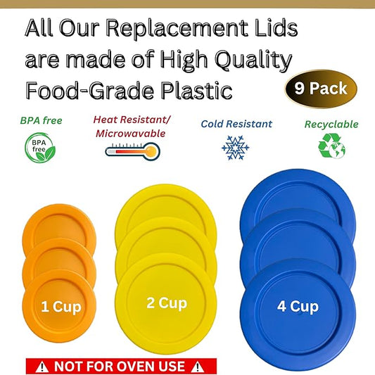 1, 2 & 4 Cup Orange, Yellow, Blue Replacement Lids/Covers for Pyrex, Anchor Hocking & KlareWare Storage Bowls *Lids Only Glass Container Not Included* (9 Pack *Three of Each Size*)