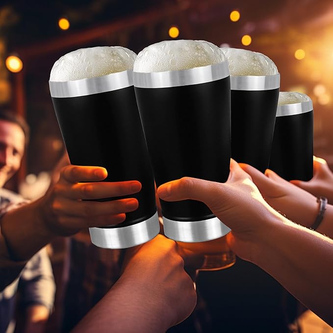 16 oz Insulated Beer Cup Set of 4, Outdoor Tumbler Stackable, Stainless Steel Double Walled Pint Glasses, Cold Mug for Beer, Black, Ideal for Wine Lover, Coffee