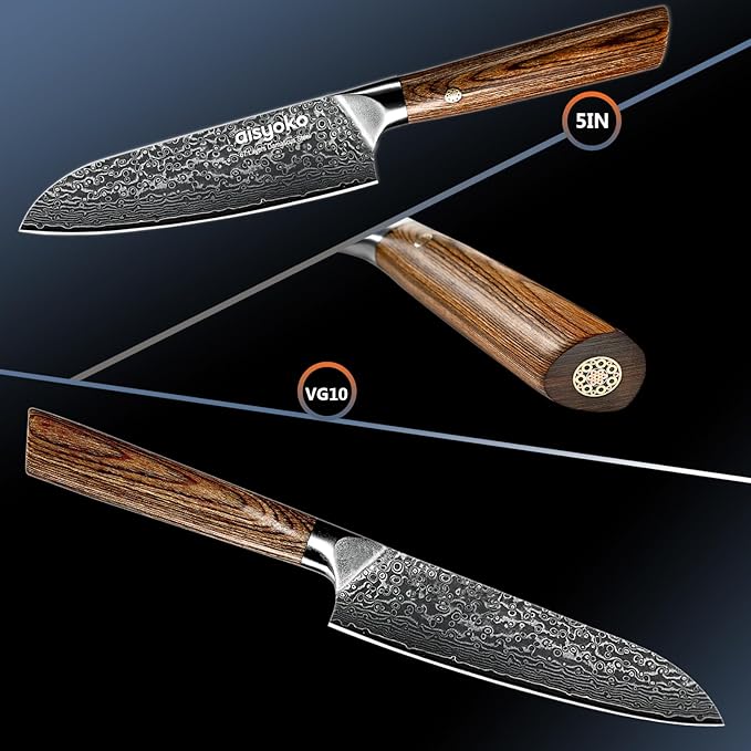 Santoku Knife 5 inches-Japan VG-10 Super Steel 67 Layer Damascus Steel-Sharp Kitchen Knife-Luxury Gift Box with Colored Wooden Handle-With Scabbard