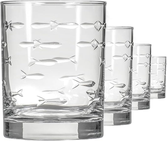 Rolf Glass School of Fish 13oz Double Old Fashioned Glass | Whiskey Glass Set of 4 | Lead-Free Glass | Engraved Tumbler Glasses | Designed and Engraved in the US