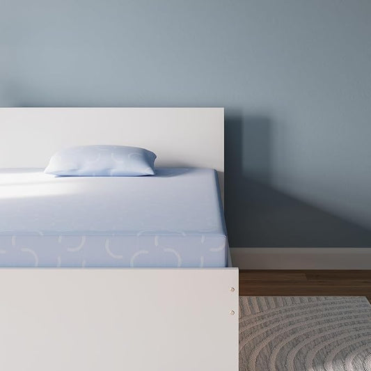 Signature Design by Ashley Full Size iKidz 7 Inch Firm Gel Memory Foam Mattress with Stretch Knit Cover & Pillow Included, Blue Ocean, Fiberglass Free, Mattress in A Box