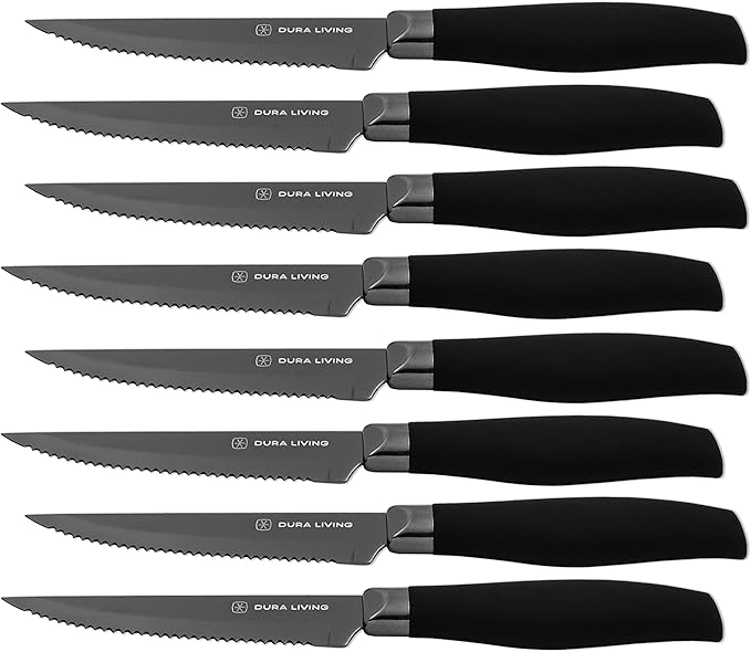 Steak Knives, Steak Knives Set of 8, Nonstick Titanium High Carbon Stainless Steel Serrated Steak Knife, Soft Grip Handle, With Sheaths, Black Knife Set