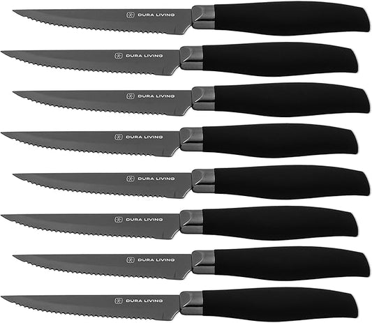 Steak Knives, Steak Knives Set of 8, Nonstick Titanium High Carbon Stainless Steel Serrated Steak Knife, Soft Grip Handle, With Sheaths, Black Knife Set