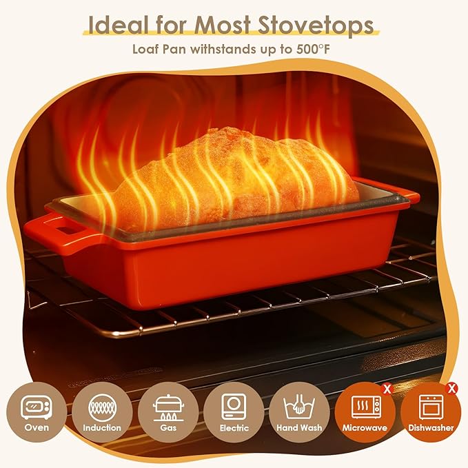 2 in 1 Enameled Cast Iron Loaf Pan with Lid, 9×5 Inch Bread Baking Pans for Homemade Bread, Pre-Seasoned Loaf Pan Bread Pan with Sourdough Bread Baking Supplies (2 PCS)
