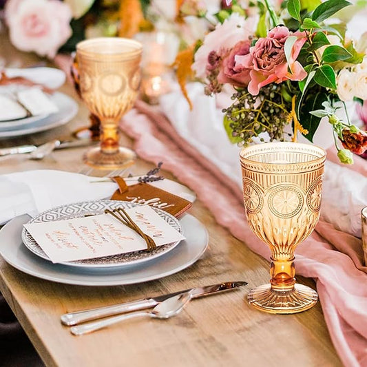 24 Pack Vintage Wine Glasses, Plastic Reusable 12 Ounce Colored Water Goblets, Unique Flower Embossed Pattern Unbreakable Stemmed Wine Glasses High Clear Wedding Party Bar Drinking Cups Amber