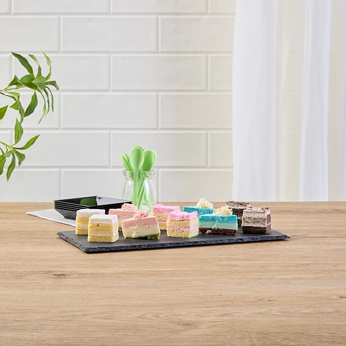 Restaurantware Slate Serving Trays 4 Pack of 11.8" x 6" Foam Feet Charcuterie Stone Plates Rustic Edges Freezable Black Serving Display Cheese Boards for Kitchen, Gourmet, Dining, Parties