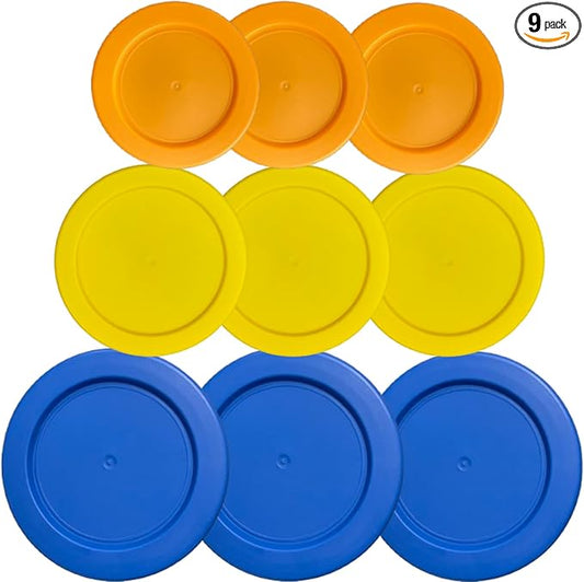 2, 4 & 7 Cup Orange, Yellow, Blue Replacement Lids/Covers for Pyrex, Anchor Hocking & KlareWare Storage Bowls *Lids Only Glass Container Not Included* (9 Pack *Three of Each Size*)