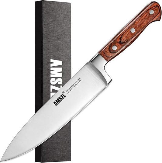 Classic 8-inch Chef Knife, Ultra-sharp Precision Cutting for Vegetables and Meat, Professional 7Cr17MoV Steel Core & Red Pakkawood Handles, German Design for Kitchen and restaurant with Gift Box