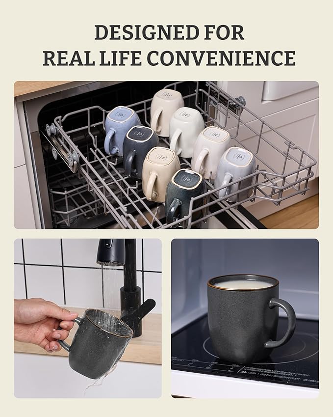 famiware Coffee Mugs Set of 6, Ocean Square 13oz Coffee Cup Set with Handle for Cocoa, Milk, Hot Chocolate, Tea, Water, Stoneware Cups for Kitchen, Microwave and Dishwasher Safe, Matte Black