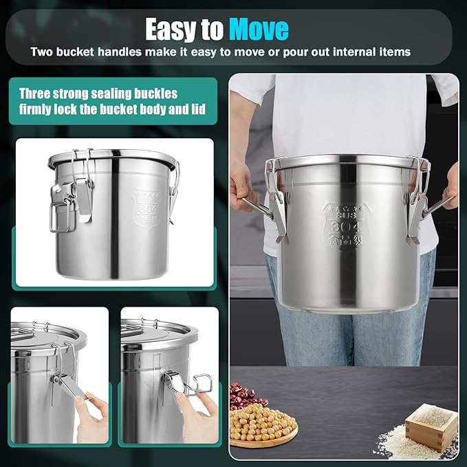 Stainless Steel Airtight Canister for Kitchen, 12L/3.17Gal Metal Food Storage Container Flour Bucket with Lid & Clamps, Bean Rice Cereal Canister Holder for Kitchen Restaurant, D11*H9.85in