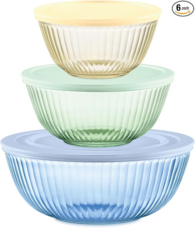 Pyrex Colors Tinted (3-Pack, Full Set) Sculpted Tinted Glass Mixing Bowls With Lids, Nesting Space Saving Set of Bowls For Prepping and Baking, 1.3QT, 2.3QT & 4.5Q