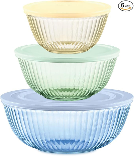 Pyrex Colors Tinted (3-Pack, Full Set) Sculpted Tinted Glass Mixing Bowls With Lids, Nesting Space Saving Set of Bowls For Prepping and Baking, 1.3QT, 2.3QT & 4.5Q
