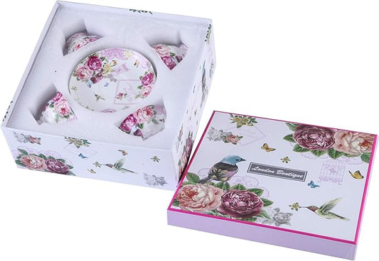 London Boutique Coffee Tea Cup and Saucer Set 4 Shabby Chic Vintage Porcelain Bird Butterfly Flora Gift Box 7.5OZ (Bird Rose Butterfly)