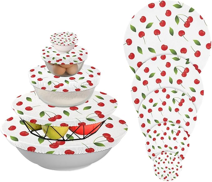 5 Pcs Bowl Covers Reusable in 5 Size Elastic Food Cover Cloth Lids Fresh Keeping Dish Cookware Bakeware Fabric Covers Lids for Food Leftovers Fruits Storage Cherries Fruit White