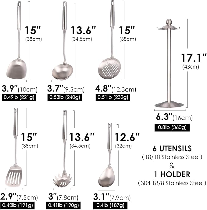 18/10 Stainless Steel Kitchen Utensils Set - 15’’ All Metal Cooking Utensils with Countertop Rotating Holder Stand, Spatula, Ladle, Skimmer, Slotted Turner, Pasta, Large Spoon Set of 7