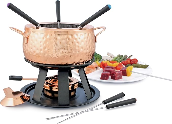 Swissmar Biel 11-Piece Copper-Plated Fondue Set – Hammered Finish – Ideal for Oil & Broth Cooking – Perfect for Entertaining, Kitchen Collections & Wedding Gifts – 2 Liter / 2.1 Quarts