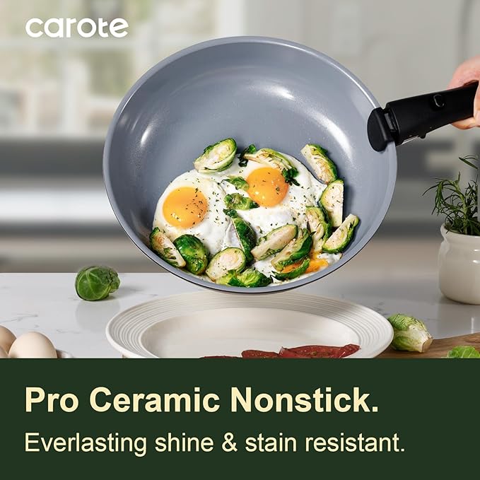 CAROTE 19PCS Ceramic Cookware Sets, Pots and Pans Set Non Stick Non Toxic, Induction Cookware, Kitchen Cookware Sets, Pots Set for Healthy Coooking, Gray