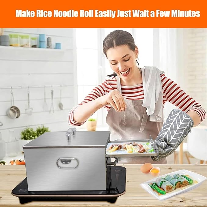 2-Layer Rice Roll Steamer, Stainless Steel Rice Noodle Roll Steamer with Acrylic Handle Steam Tray, Top Open Rice Noodle Roll Machine, for Chinese Cheung Fun Changfen Cuisine Recipes Cookware