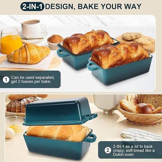 9x5 Inch Enameled Cast Iron Loaf Pan with Lid | 2 in 1 Homemade Sourdough Bread Baking Pan for Homemade Bread, Cake, Meatloaf | Durable 2 Piece Set, Blue Color