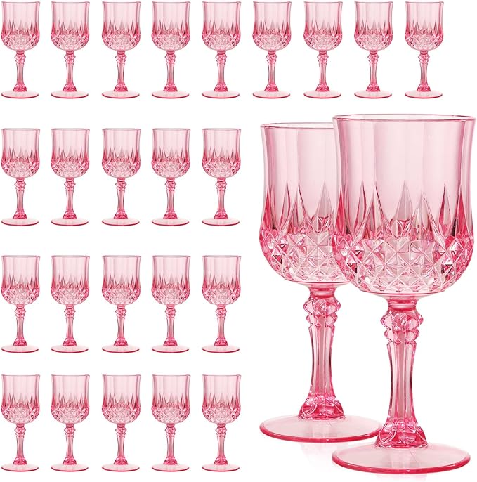 Pink Plastic Wine Glasses Set of 24 – 7oz Unbreakable Pink Plastic Goblets for Parties Reusable & Dishwasher-Safe Ideal for Weddings, Bars, and Every Celebration
