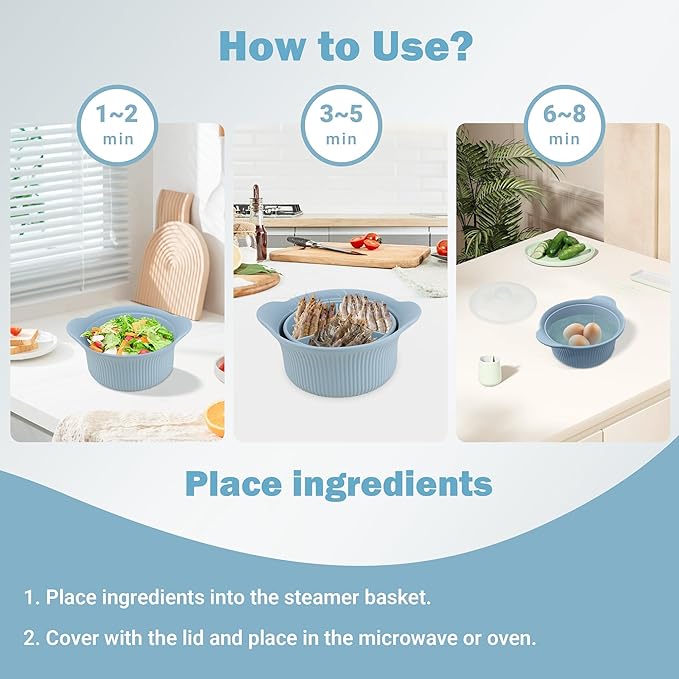Silicone Microwave Steamer - Microwave Pot Steamer Basket Bowl for Baby Food, Vegetables & Dumplings, Compact & Lightweight Design, Oven & Dishwasher Safe (Blue, L 42oz(1250ml))