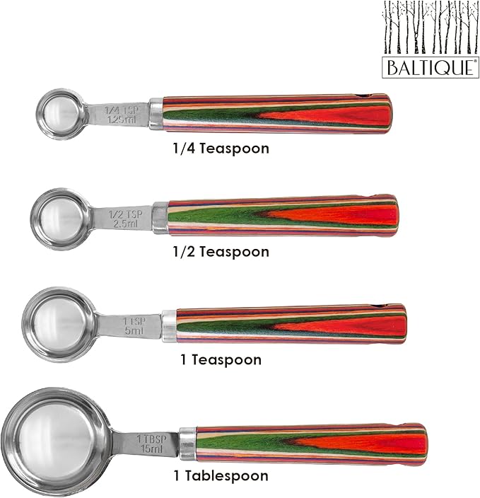 Totally Bamboo Baltique Marrakesh Collection 4-Piece Measuring Spoon Set, Includes 1/4 Teaspoon, 1/2 Teaspoon, 1 Teaspoon & 1 Tablespoon Measurements, Stainless Steel Spoons w/Wood Handle for Cooking