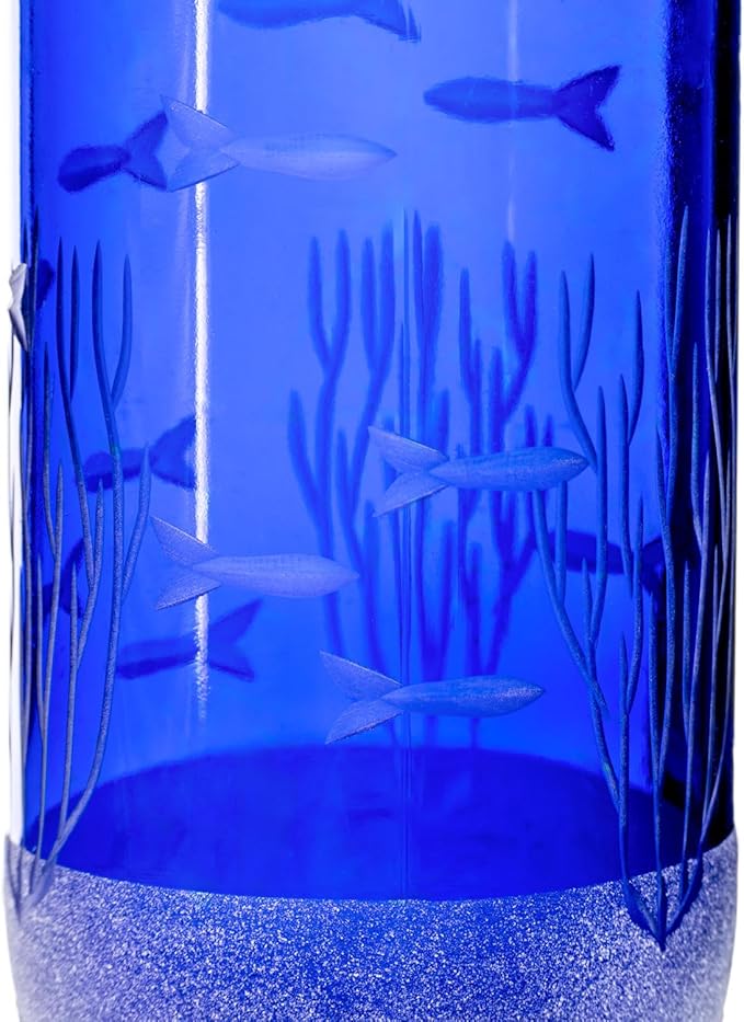 Rolf Glass School of Fish Twice Around Blue Pitcher and Mini Sipper | 13oz Recycled Glass Pitcher & 2” Mini Sipper | Tequila Tasting | Made From Recycled Bottles | Engraved in USA | 2pc + Gift Box Set