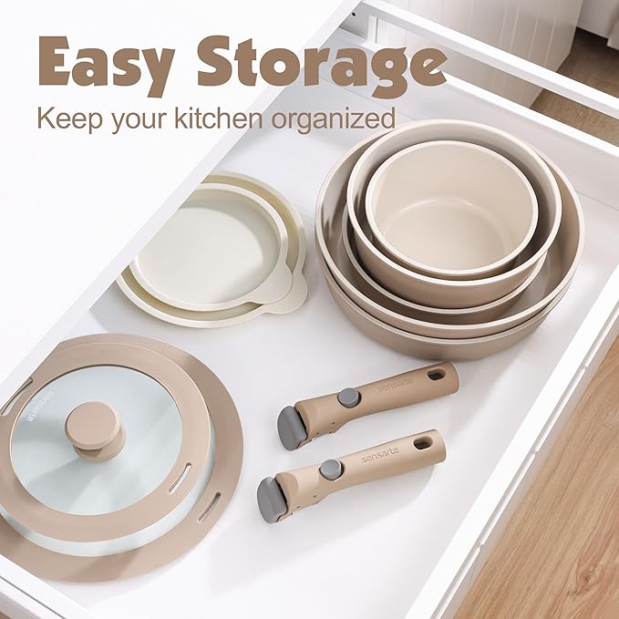 SENSARTE 17 Piece Ceramic Pots and Pans Set, Nonstick Detachable Handle Cookware, Induction Kitchen Cookware Set with Removable Handle, Dishwasher & Oven Safe (Almond Beige)