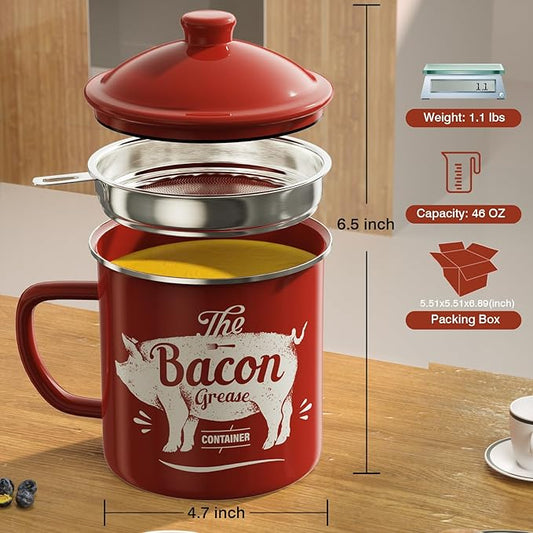 Bacon Grease Container With Strainer, 46OZ Large Enamel Grease Container, With Silicone Spatula, Farmhouse Bacon Grease Keeper, Cooking Oil Container For Kitchen Fat Storage, Dishwasher Safe-Red