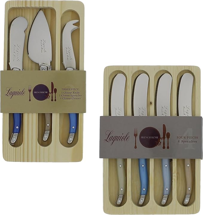French Home Laguiole 7-Piece Cheese Knife Set - Includes Stainless Steel Spade, Spear Knife, Soft Cheese Knife & 4 Spreaders with Three-Rivet Curved Blue & Ivory Handle and Bee Emblem
