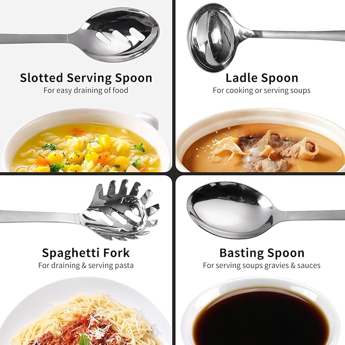4PCS Cooking Utensils Set, Stainless Steel Kitchen Utensils Set, Durable Kitchenware Set for Cooking, Utensils Set with Slotted Serving Spoon, Spaghetti Fork, Ladle, Solid Serving Spoon
