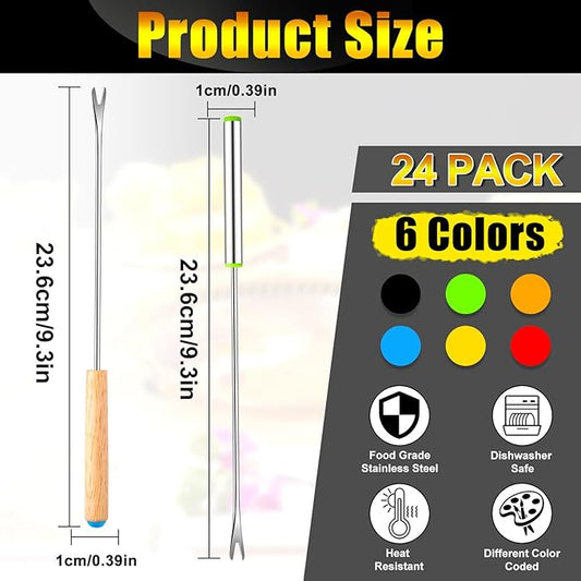 24 PCS Fondue Forks Stainless Steel,12 Wood Handles and 12 Stainless Steel Handles,9.3"Color Coding Cheese Fondue Fork,Heat Resistant Fondue Sticks for Chocolate Fountain Marshmallows,6 Color