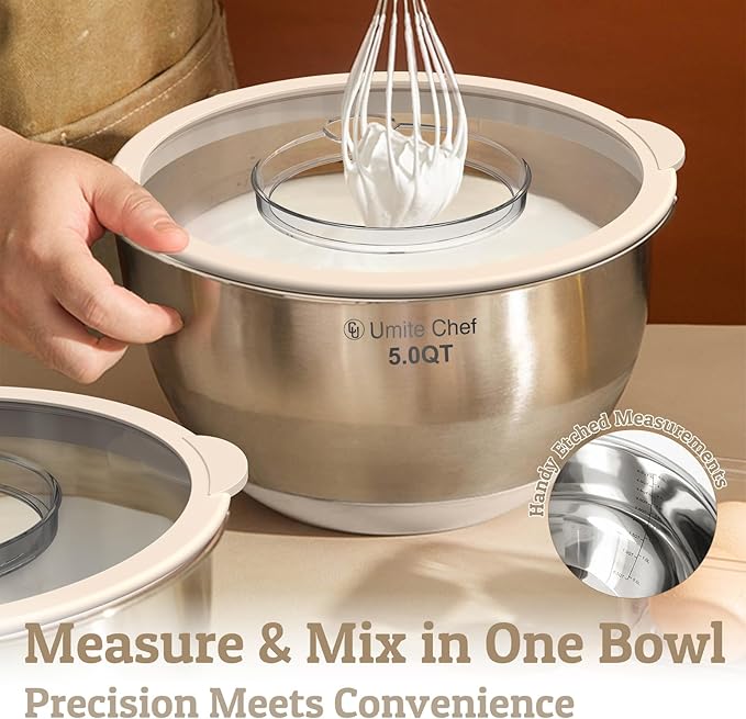 Mixing Bowles Set with Lids Set - Warp-Proof TPR-AS Lids, Stainless Steel Mixing Bowl with 3 Graters & Measuring Lines, Non-Slip Bowls for Baking, Prep, Airtight Food Storage (Khaki 5/3/2/1.5/0.63QT)