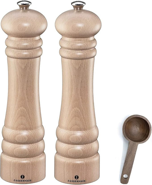 Zassenhaus Berlin Natural Wood Salt & Pepper Mill Gift Set, Refillable Grinder, 9.4 Inches - With Wooden Spice Scoop