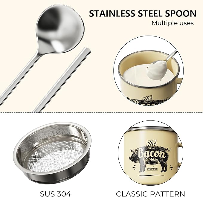 PGYARD Mini Bacon Grease Container With Strainer - 15OZ Enamel Grease Saver, Farmhouse Bacon Grease Keeper For Kitchen Fat Storage-Beige