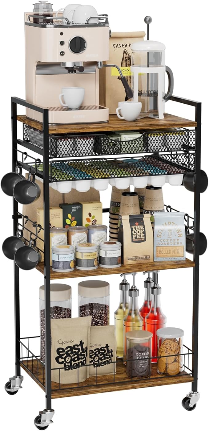 Coffee Bar Station with Storage Drawer - 5 Tier Coffee Table Countertop Organizer for K Cups, Tea Bags, Sugar Storage and Kitchen Cabinets (Brown)