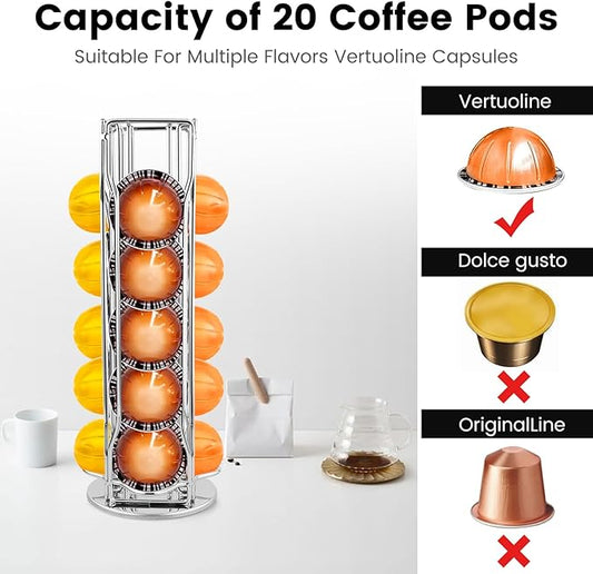 Coffee Pod Stand Holder for Nespresso Vertuoline 20 Pods, Coffee Bar Vertuo Pod Organizer Rack, 360° Rotating Coffee Capsule Holds Storage, 20 Pods Holder Spinner for Nespresso Vertuo Line (Silver)